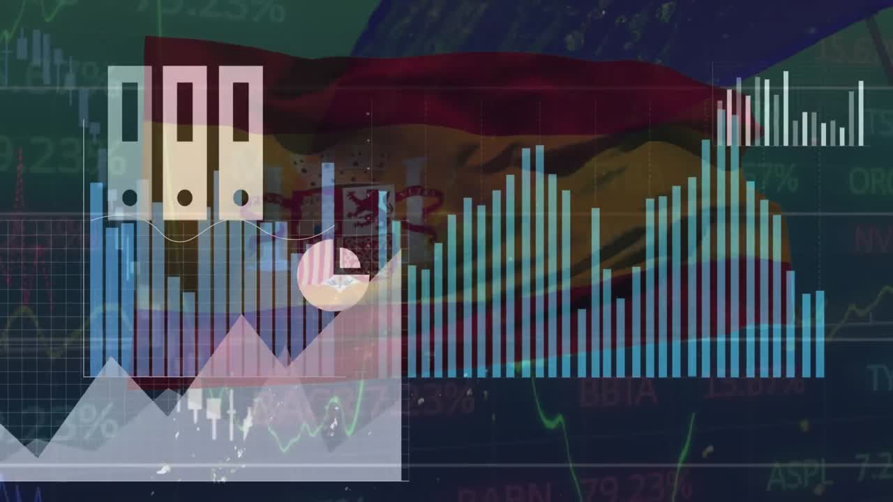 스페인 국기 위에 상징과 그래프의 애니메이션과 배경에 거래 보드