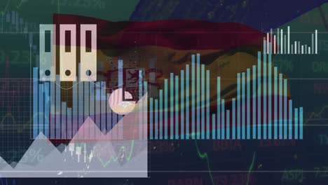 Animation-of-icons-and-graphs-over-national-flag-of-spain-with-trading-board-in-background