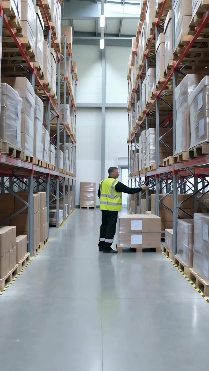 Video verticale: Notando l'etichetta del pallet, un lavoratore in alta visibilità controlla lo scanner e le etichette dei pallet nel corridoio.