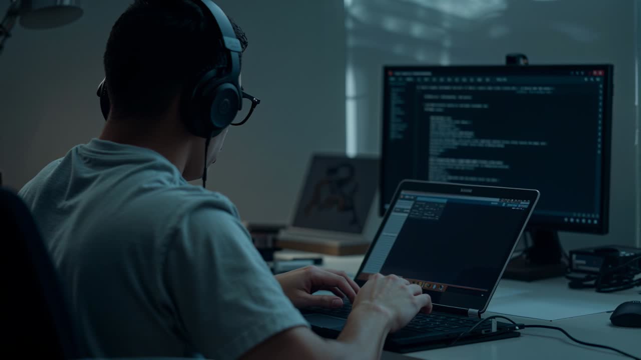 Putting on over-ear headphones, man in light tee typing on laptop, working on code on monitor