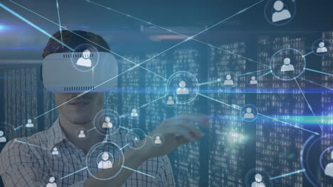 animación de un hombre caucásico con auriculares vr y tocando una pantalla con iconos de conexión a la red