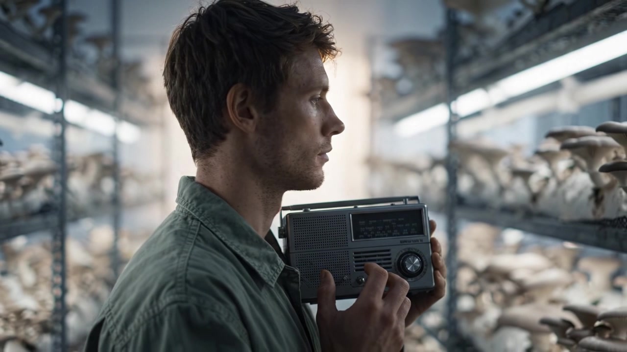 A contemplative moment captured as a man holds a vintage radio tightly in a serene mushroom cultivation space, blending nostalgia with tranquility and nature.