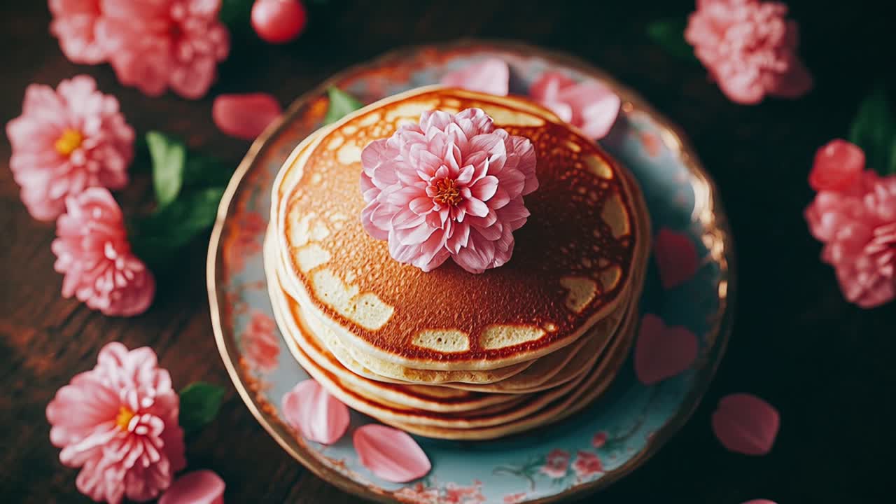 A Stack of Pancakes with Pink Flowers
