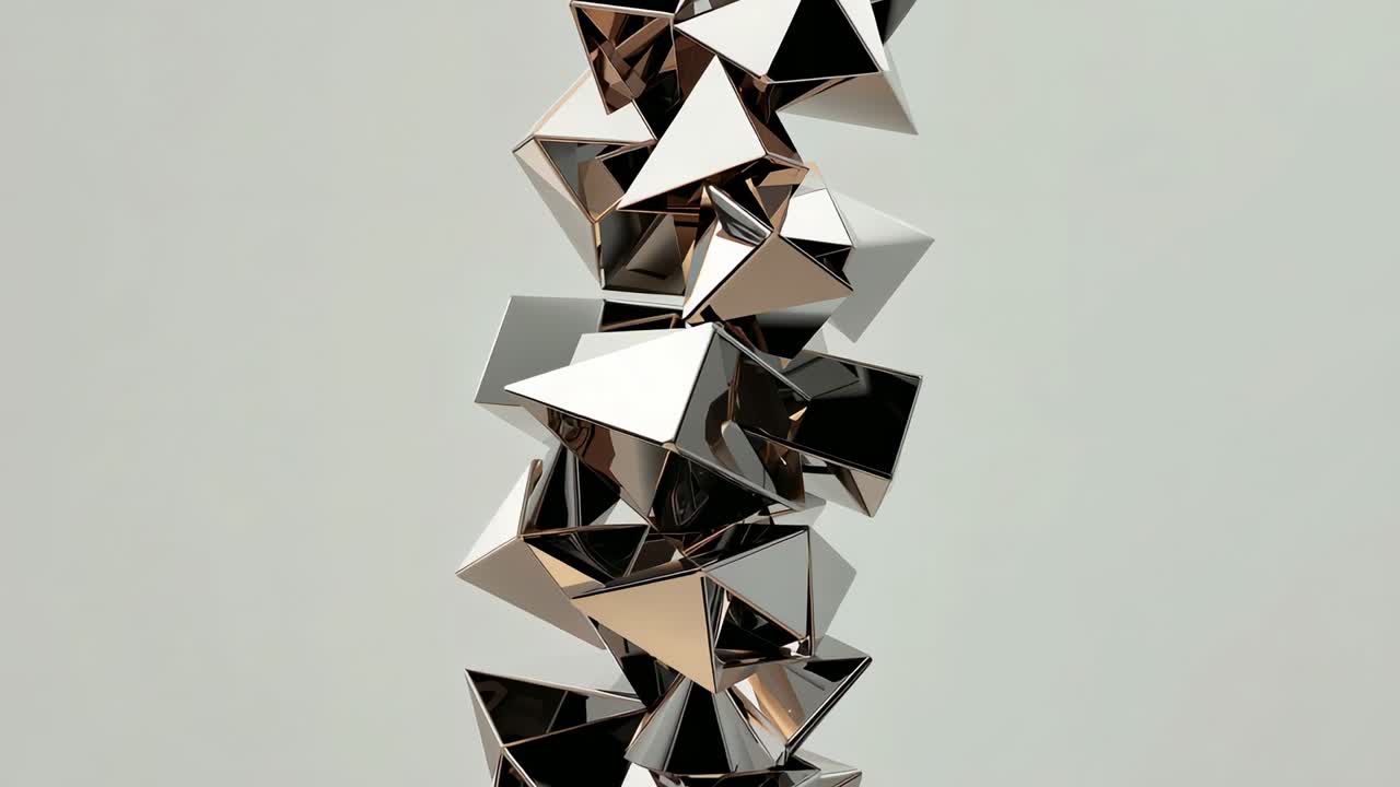 Rotating tetrahedral column in studio triggered by animation start, showcasing shifting reflections