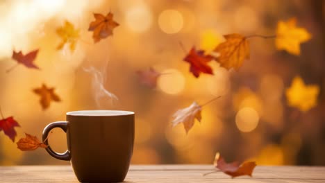steaming mug with falling autumn leaves