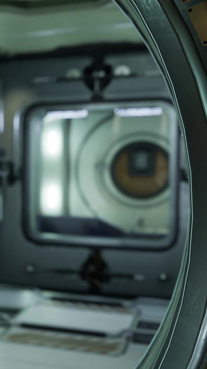 View from inside a spacecraft looking into a module with a round window