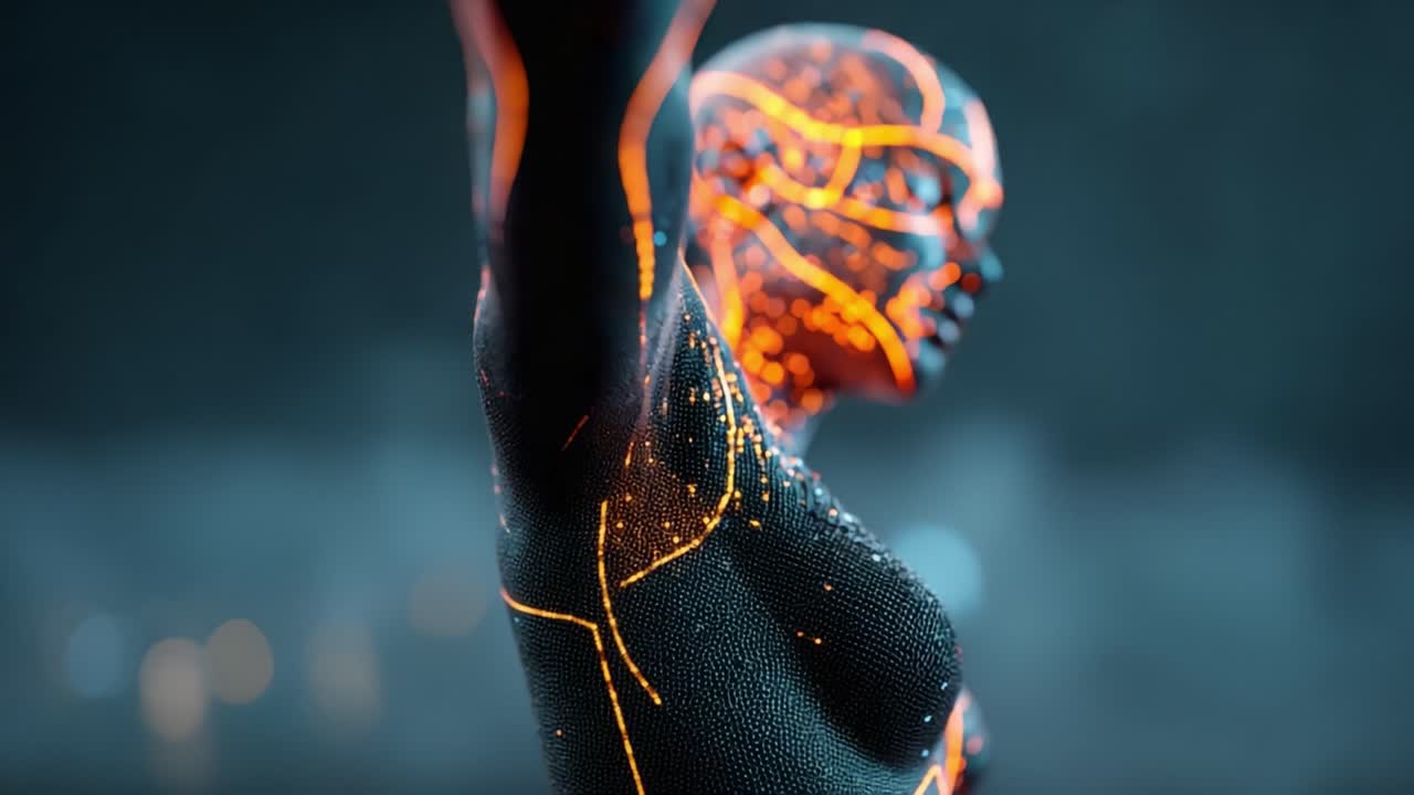 A Stunning Transformation of a Figure Illuminated by Neon-Like Patterns: Exploring the Intersection of Technology, Art, and the Human Form