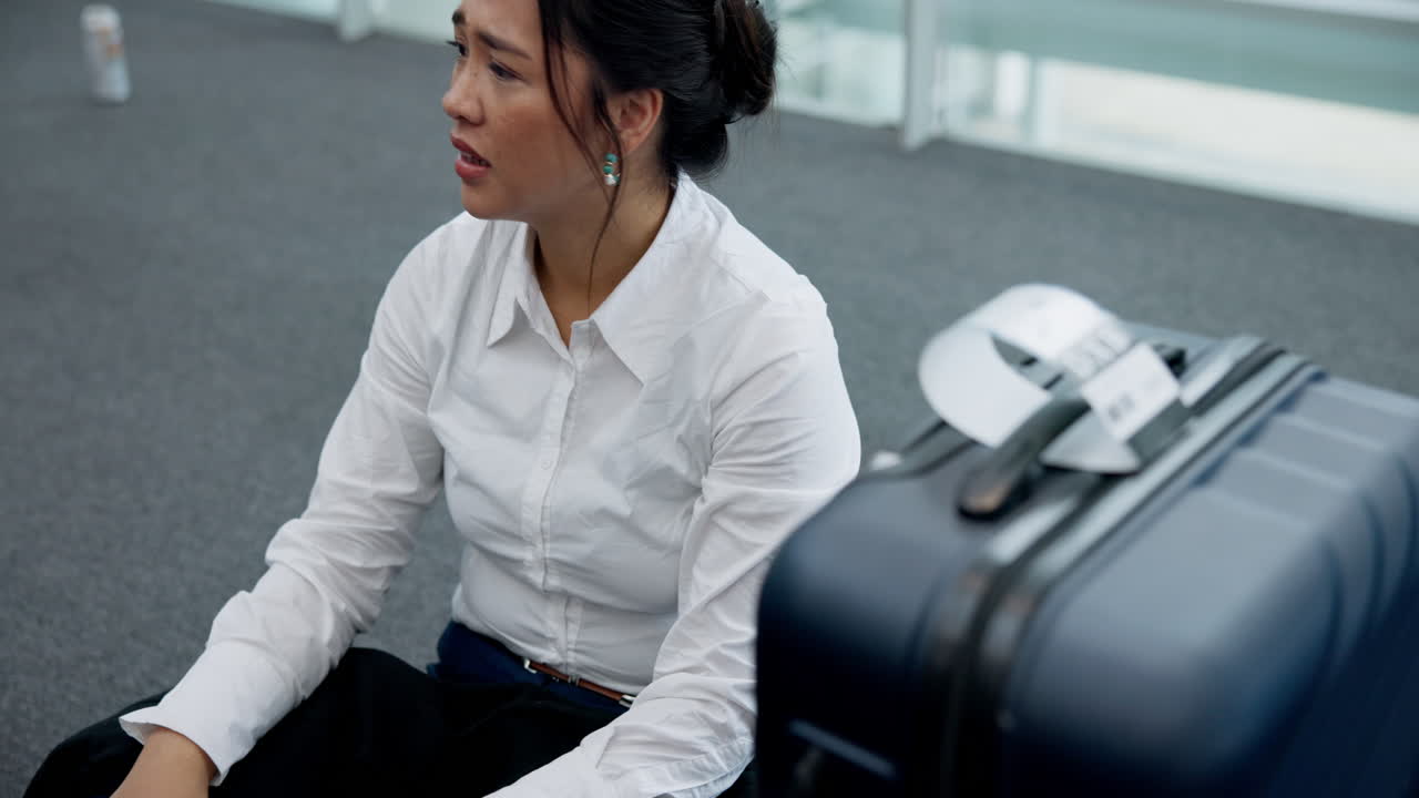 여자, 스트레스와 공항에서 전화로 지연