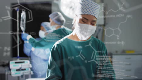 animation of data processing with chemical formula over diverse surgeons in hospital