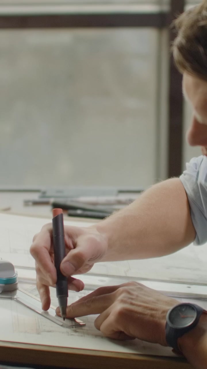 Architect Working on Technical Drawing at Drafting Table
