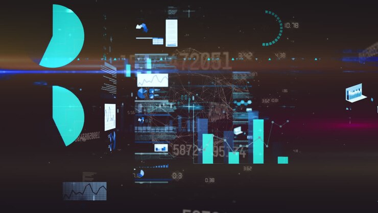 Animation of data processing and globe on black background
