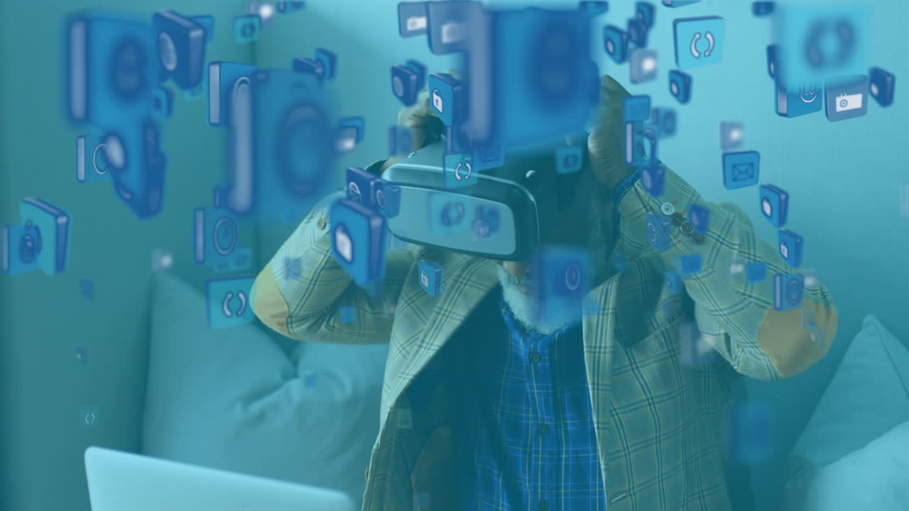 animación de un hombre afroamericano que usa un auricular vr sobre iconos sociales flotando