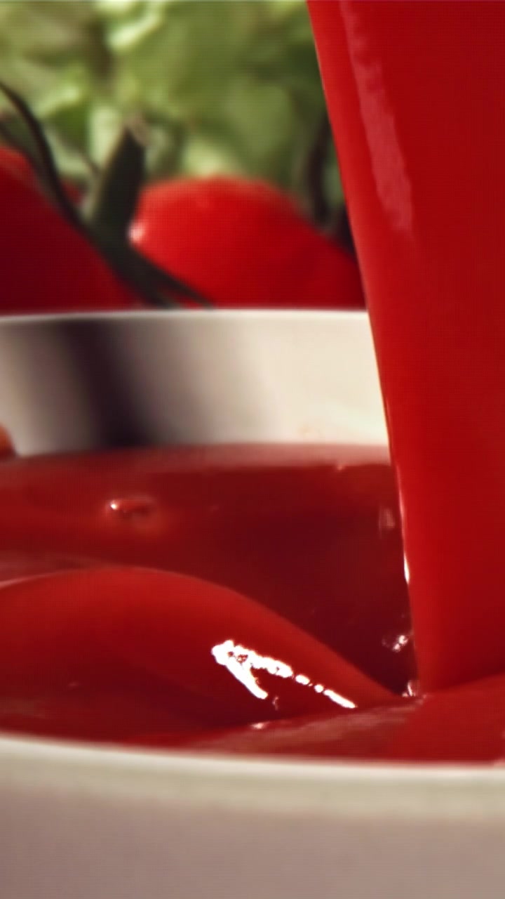 Salsa di pomodoro rossa densa che si versa in una ciotola bianca