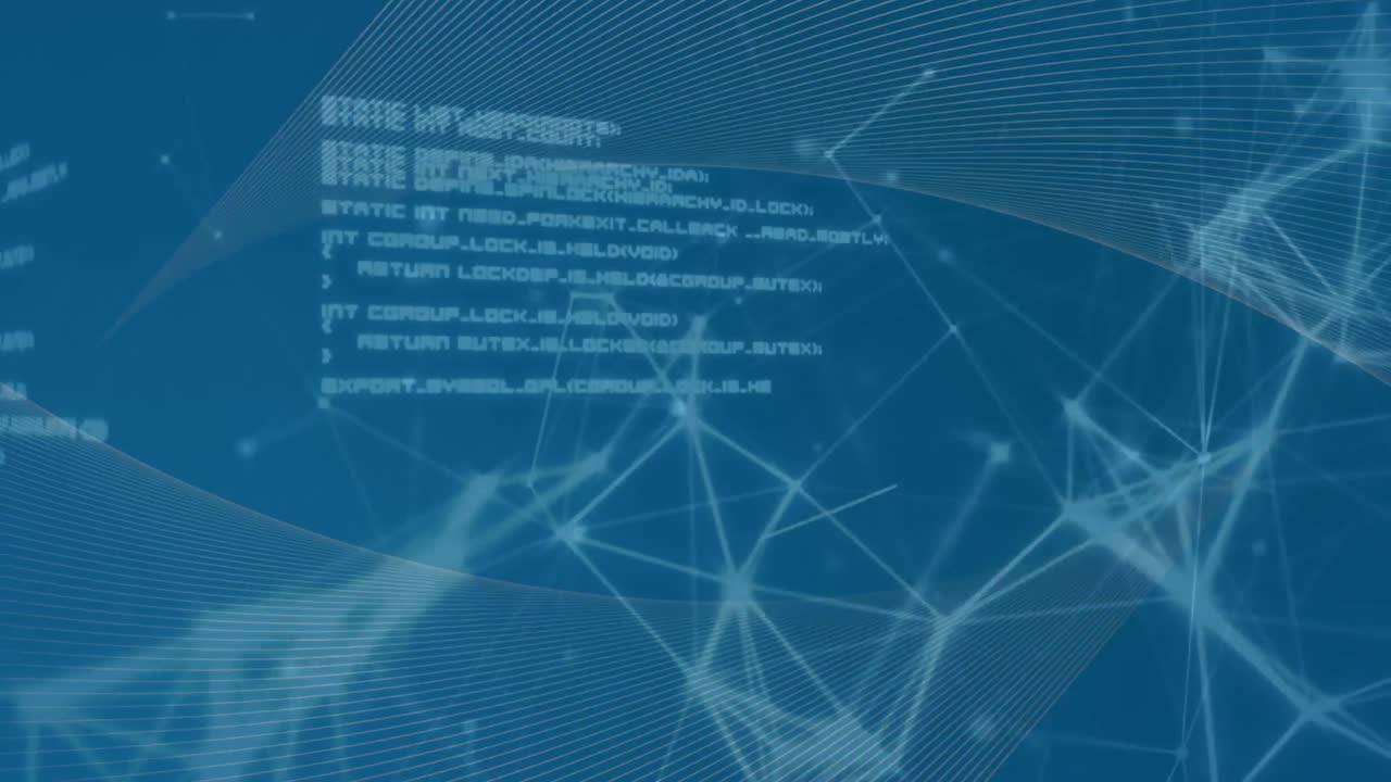 animación del procesamiento de datos, la red de conexiones y las ondas digitales contra un fondo azul