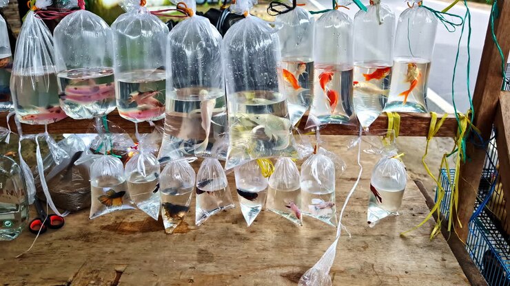 Closeup footage of fishes in plastic bags filled with water. Local shop