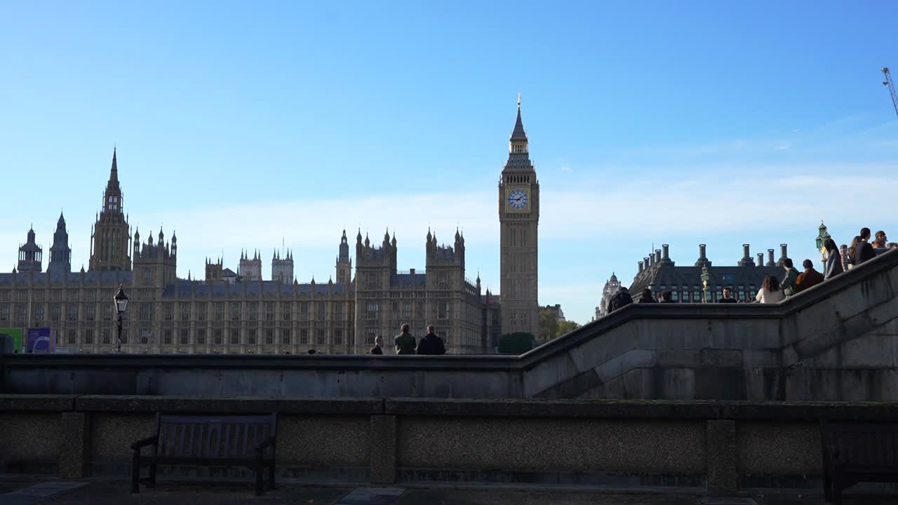 Tourists taking pictures to the Big Ben and Parliament Houses, London. Time lapse