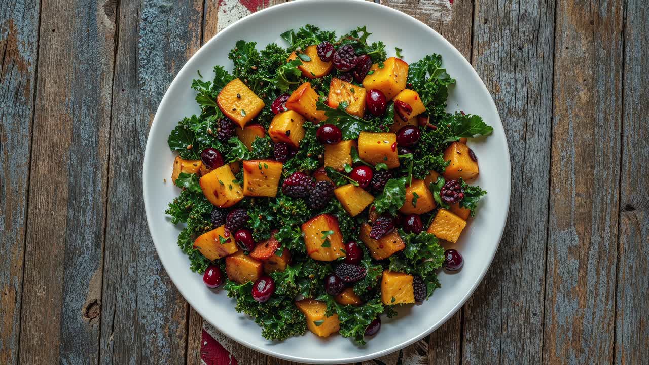 gerösteter butternut-squash-salat mit grünkohl, cranberries und brötchen
