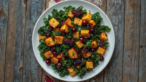 roasted butternut squash salad with kale, cranberries, and blackberries