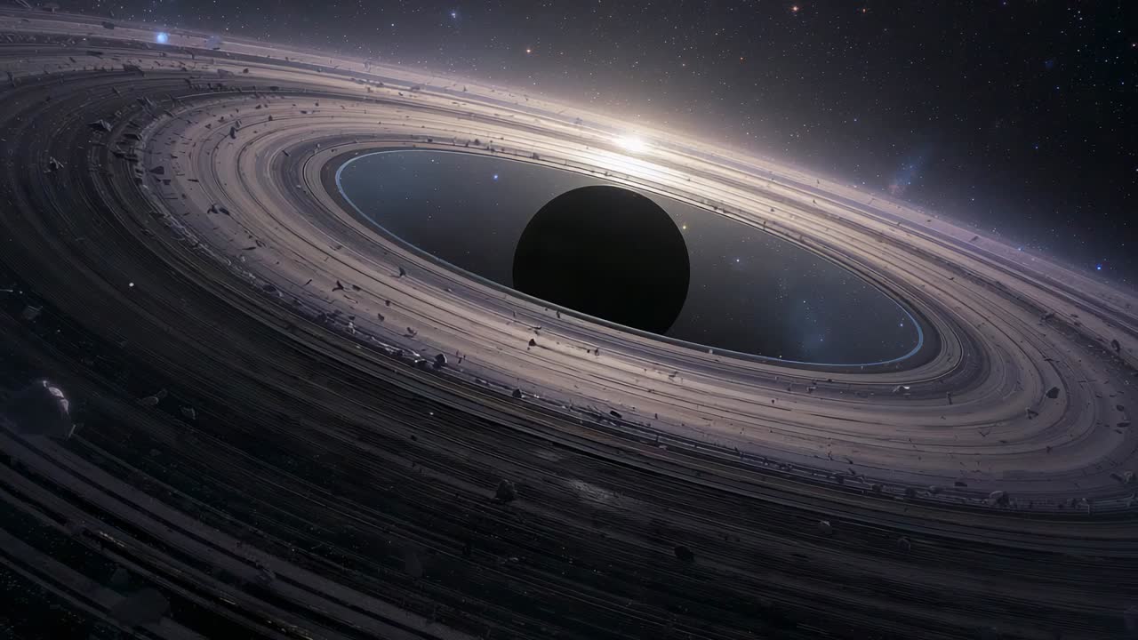 Panning camera revealing central dark sphere, rotating accretion disk and orbiting debris in space