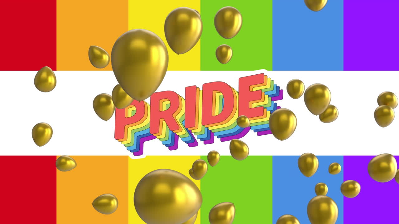 무지개 배경 위에 자부심과 풍선의 애니메이션