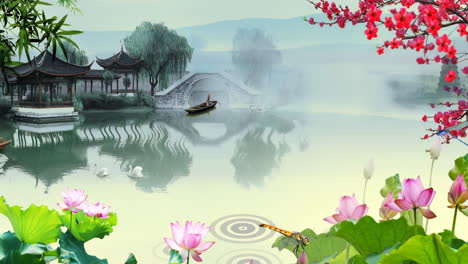 Mysterious-landscape-China's-traditional-Oriental-Digital-Art-animation,-Chinese-retro-painting-ink-misty-mountain-with-lotus-pond-material,-flowers,-tree,-birds,-river-in-fog-background