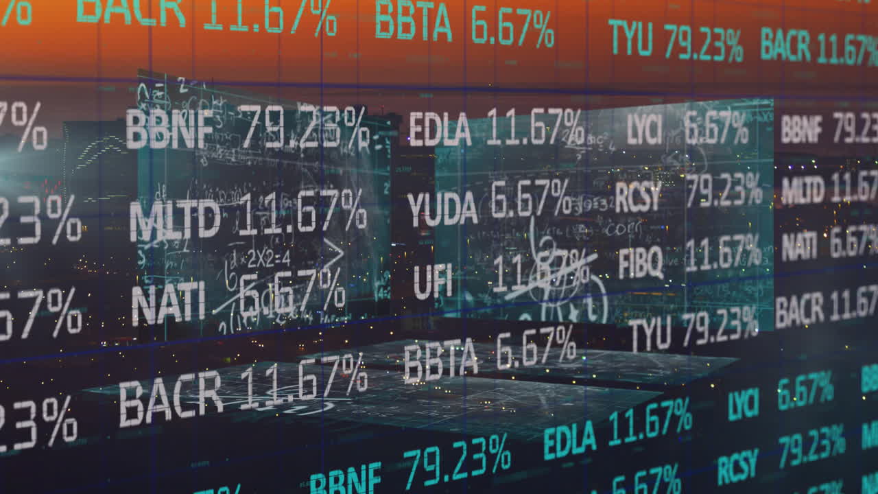 Financial data and mathematic equations over city.