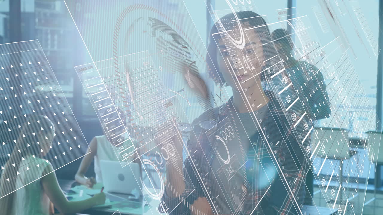 Working in modern office, professionals using digital interface with animation overlay