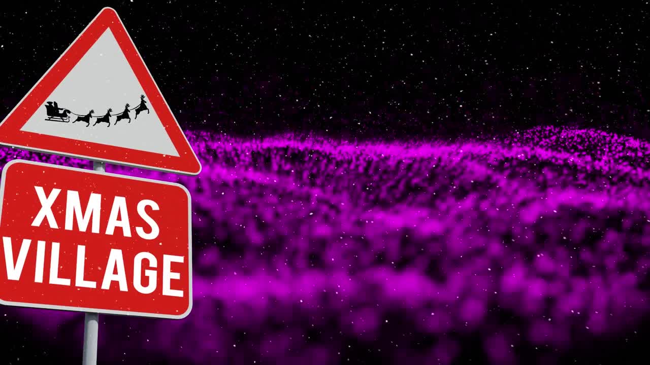 어두운 배경에 크리스마스 도로 표지판 위에 내리는 눈의 애니메이션