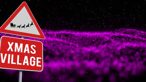 animation of snow falling over christmas road sign on dark background