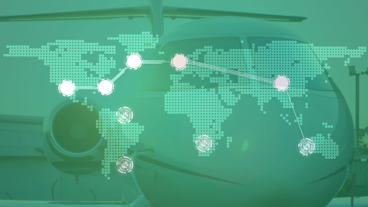 공항 활주로에 있는 개인 제트기에 대한 세계 지도 위의 점을 연결하는 것