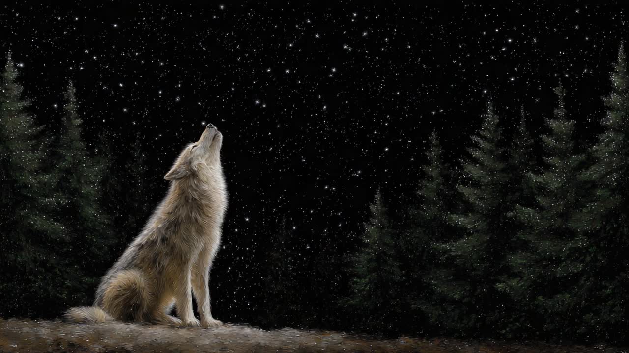 A Majestic Wolf Gazes at the Twinkling Stars in a Tranquil Night Sky Surrounded by Lush Evergreen Trees, Capturing the Beauty of Nature in Stillness and Wonder