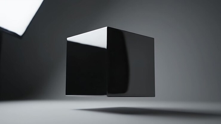 Rotating Black Glossy Cube in Studio Lighting