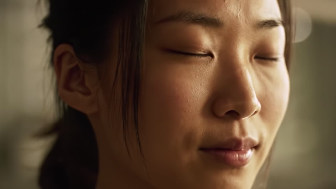 A Serene Moment of Contemplation: A Close-Up of a Young Woman with Closed Eyes, Capturing Introspection and Tranquility in a Soft, Natural Light Setting