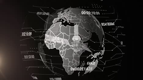 Animation-of-satellite-over-globe-and-numbers-processing-on-black-background