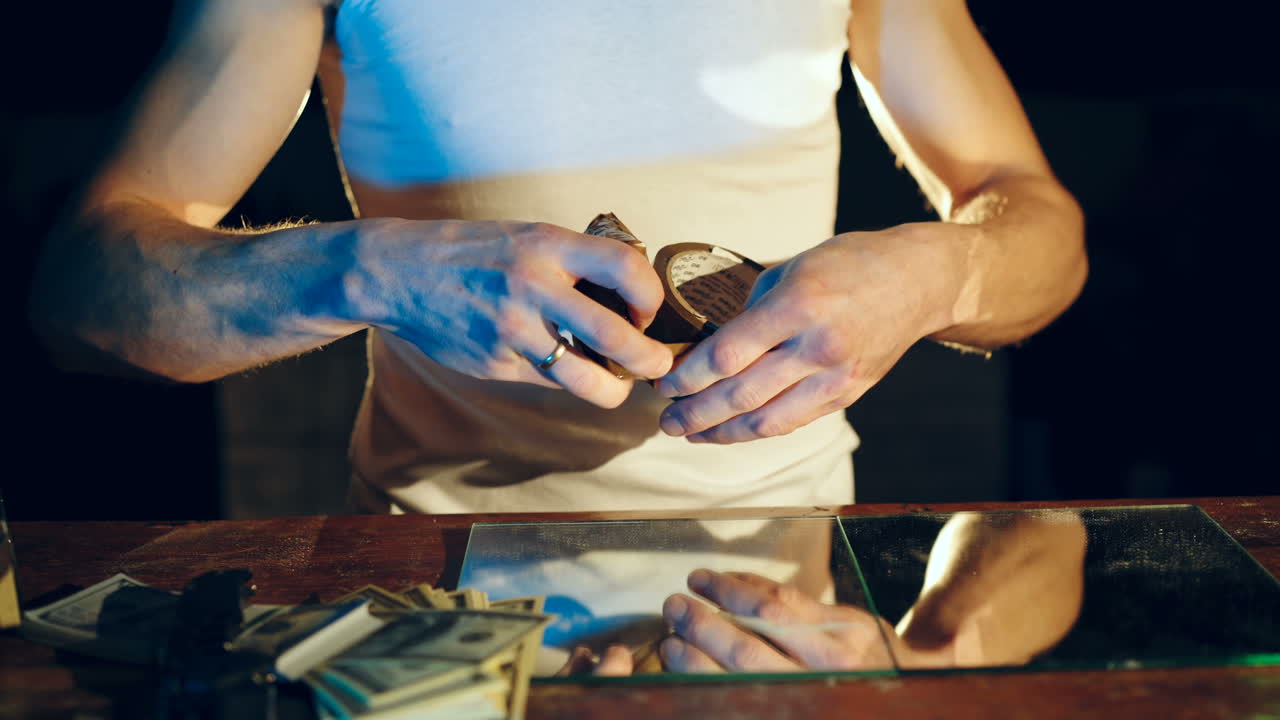 Drug dealer packs a package with heroin. Abuse of drugs. Criminal Business