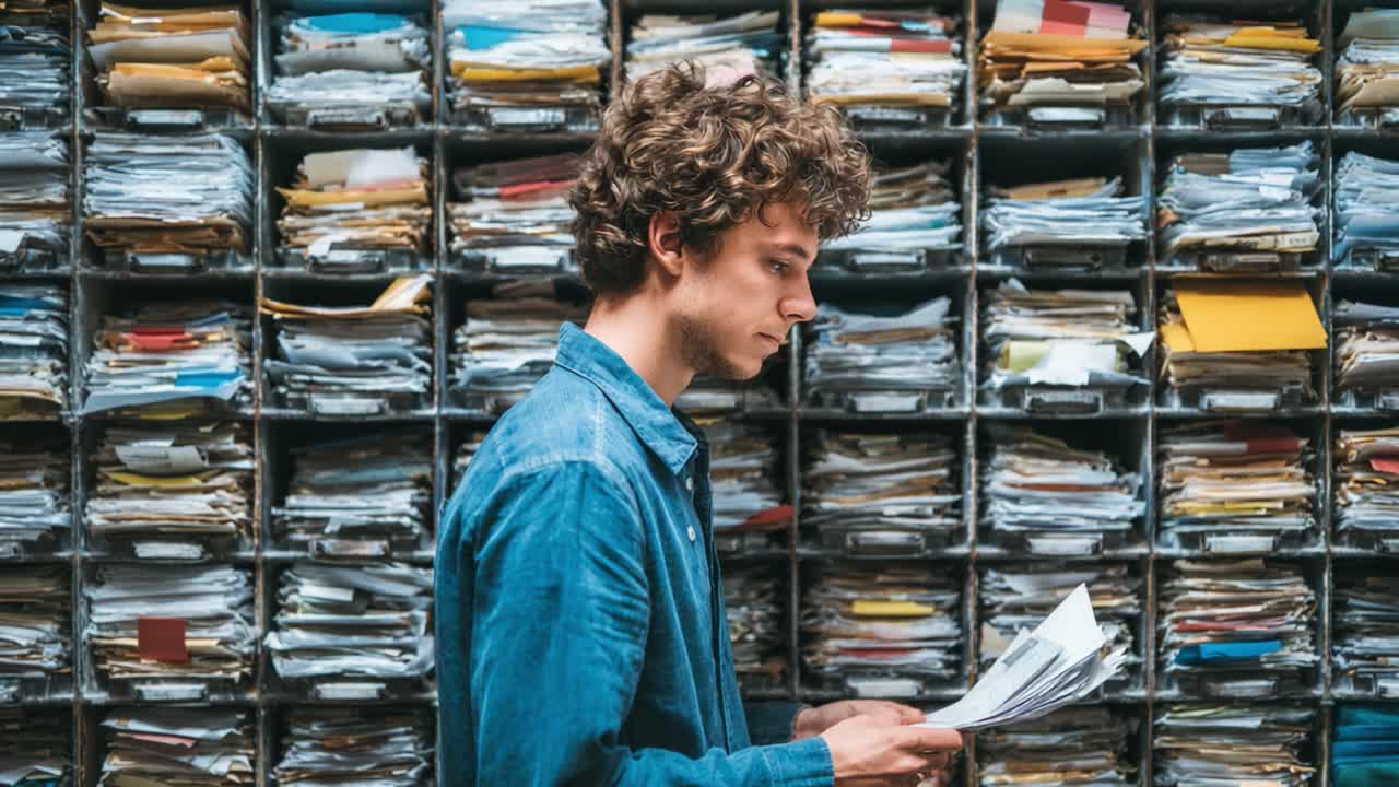 A Young Man Analyzes Important Documents Amidst a Wall of Organized Paperwork in a Busy Office Environment, Capturing the Essence of Administrative Work and Detail Orientation