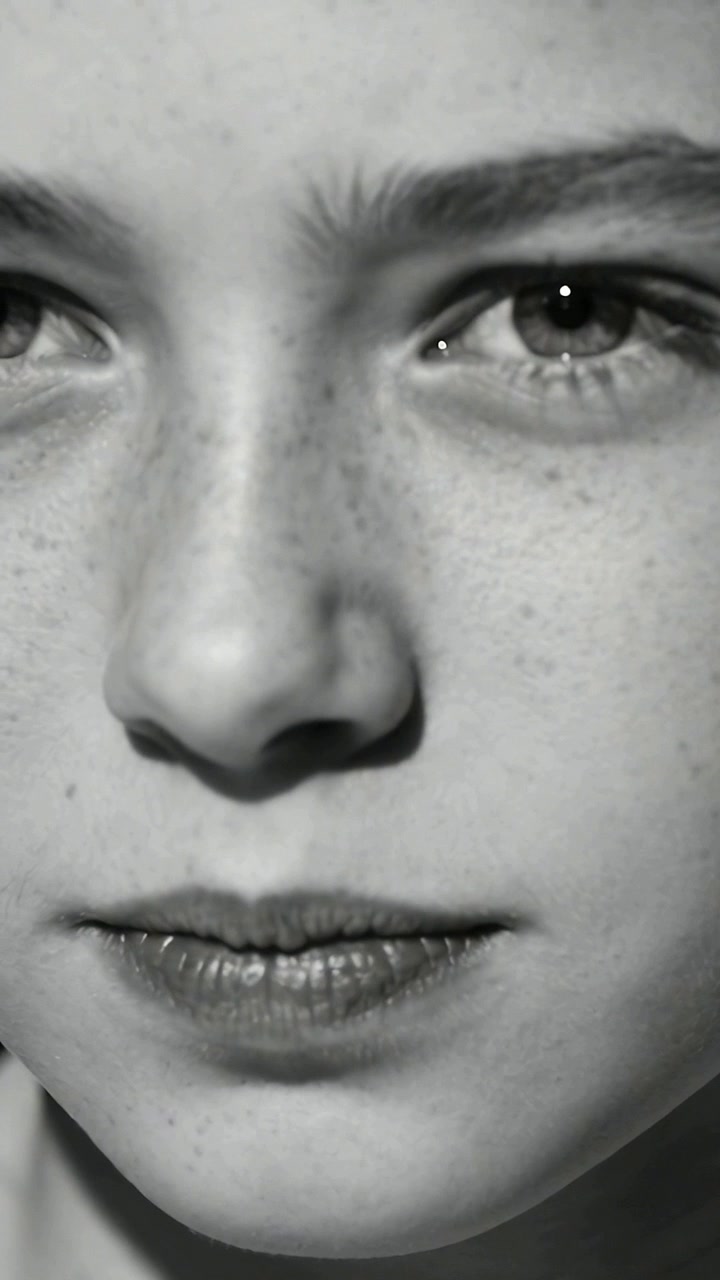 Vertical video: Framing teen reciting lines in studio close-up, showing freckles and steady gaze