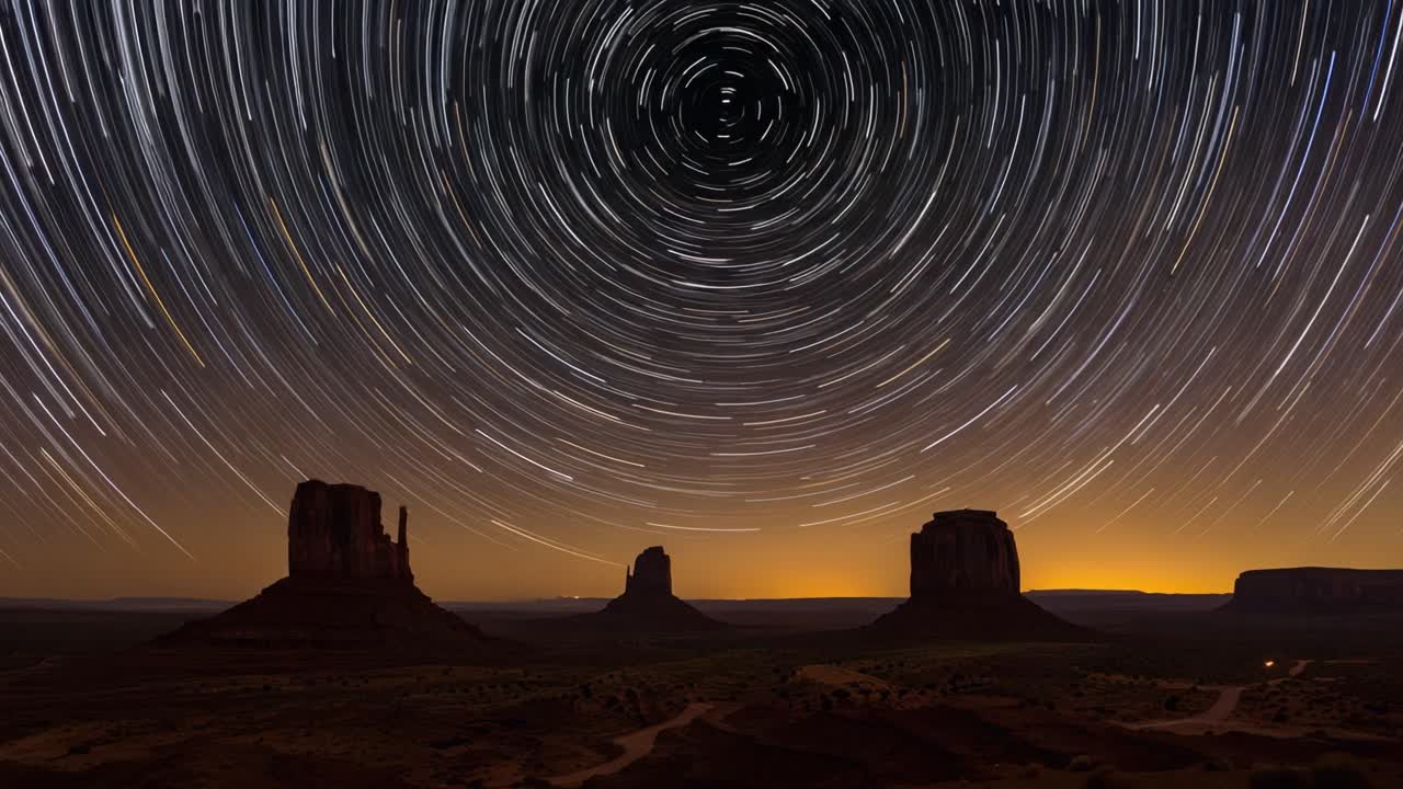 A Stunning Display of Celestial Motion: Capturing the Night Sky Over Monument Valley with Star Trails and Iconic Rock Formations in Stunning Detail