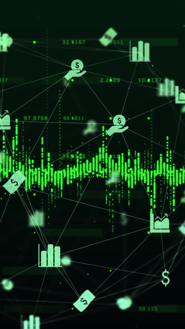 animación del globo con una red de conexiones con iconos sobre fondo negro
