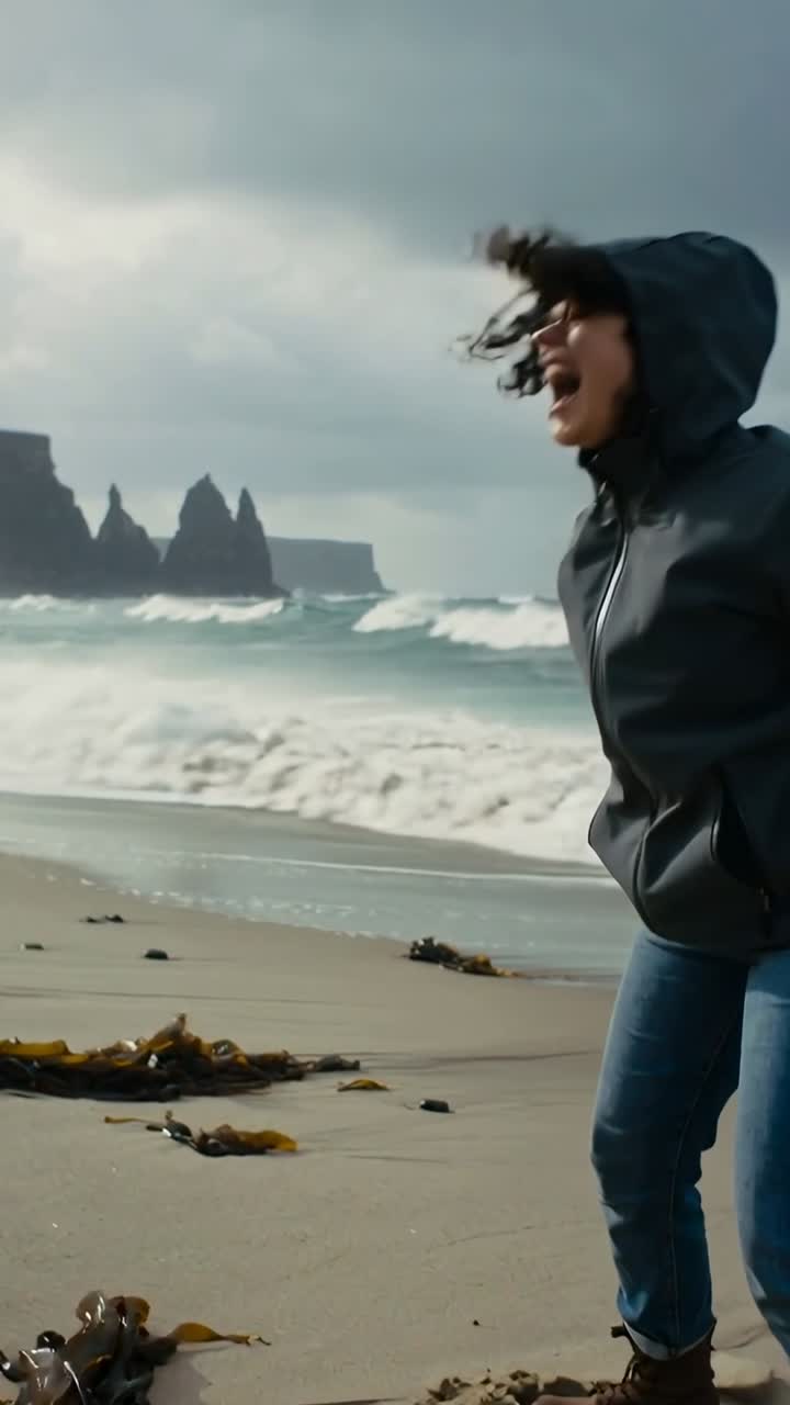 Video verticale: Raffica di vento che colpisce una donna con cappotto e cappuccio, che si china e urla su una spiaggia ventosa, con spazio per il testo.