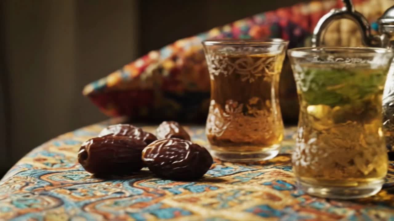Traditional Moroccan Mint Tea with Dates on a Colorful Tablecloth