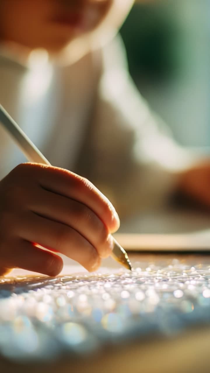 A Child Engaged in Creative Expression Using a Pen to Draw on a Sparkling Bead Canvas, Capturing the Joy of Art and Imagination in a Serene Setting