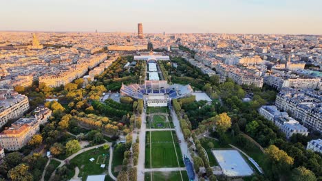 paris champ de mars park and garden in france, aerial view from eiffel tower