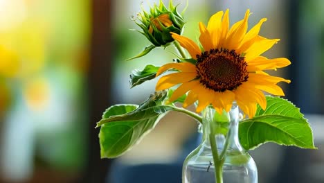 a vase of sunflowers sitting on top of a wooden table