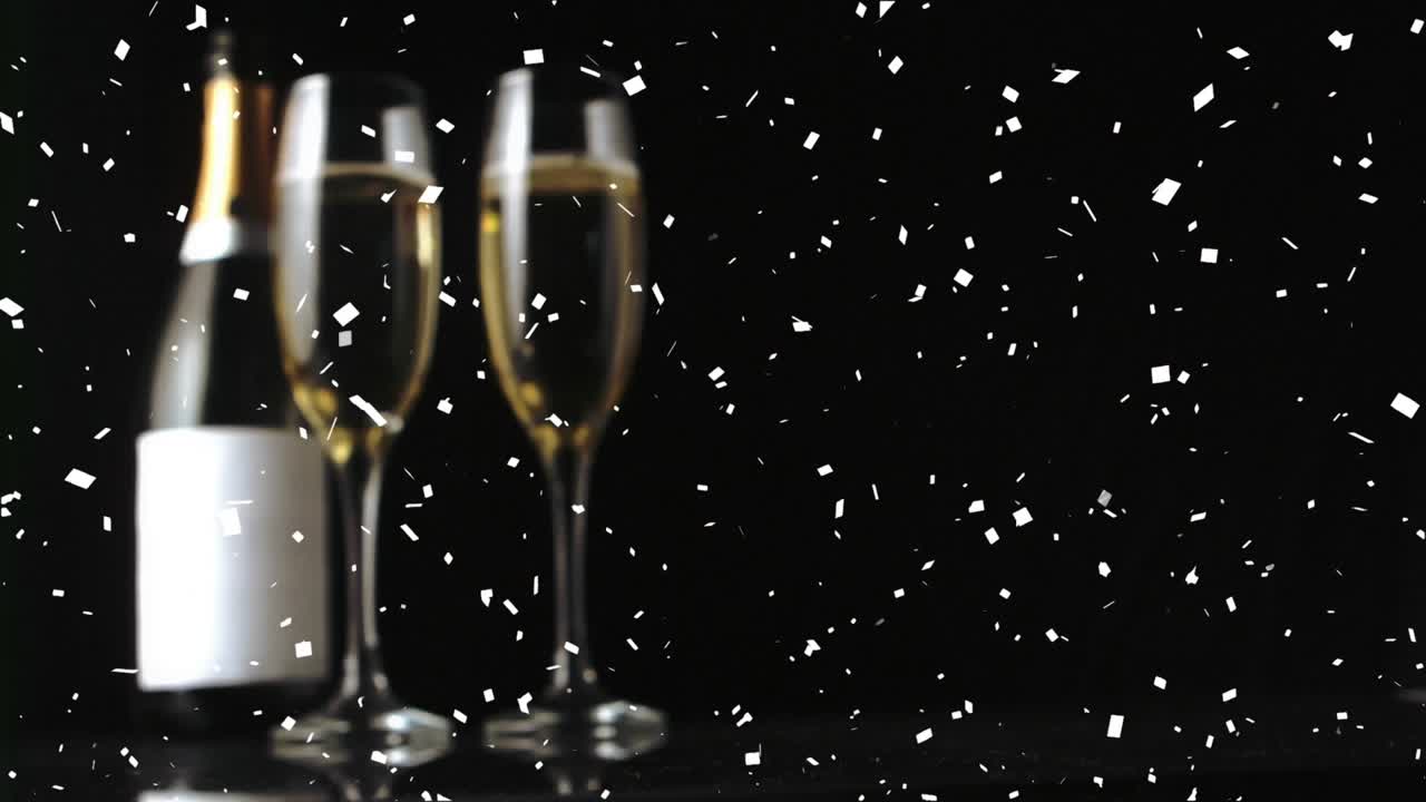 Animación de una botella de champán con copas y un corcho cayendo sobre confeti en un fondo negro.