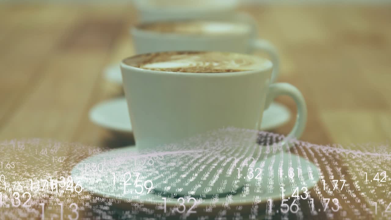 At scene start two coffee cups receiving numbers flowing and swirling while revealing latte art