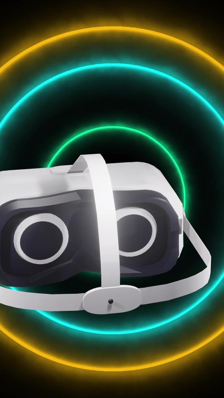 Animation of vr headset over neon lights moving on black background