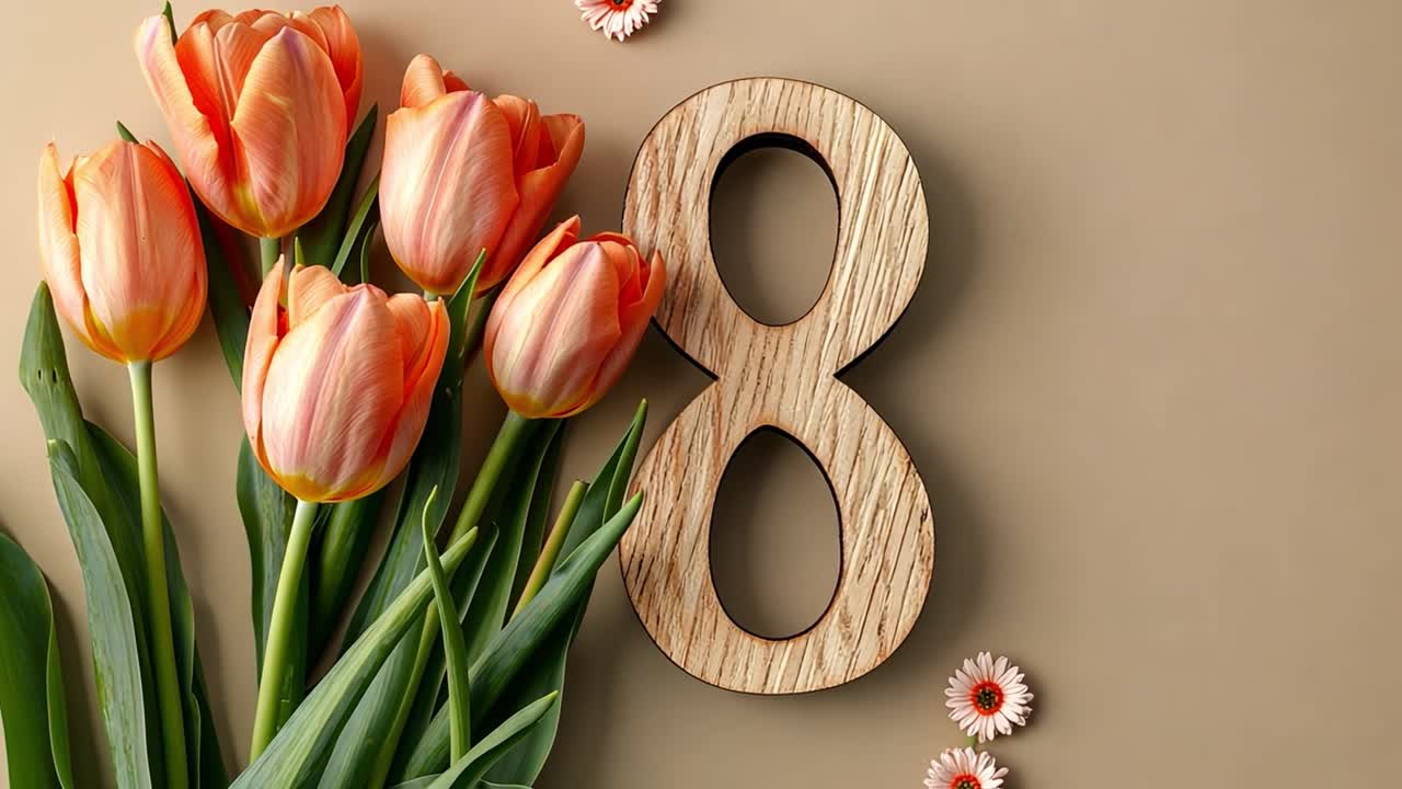 International Women's Day Still Life with Tulips and Wooden Number 8