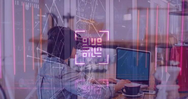 Animation af behandling af finansielle data over forskellige forretningsfolk, der bruger bærbar computer