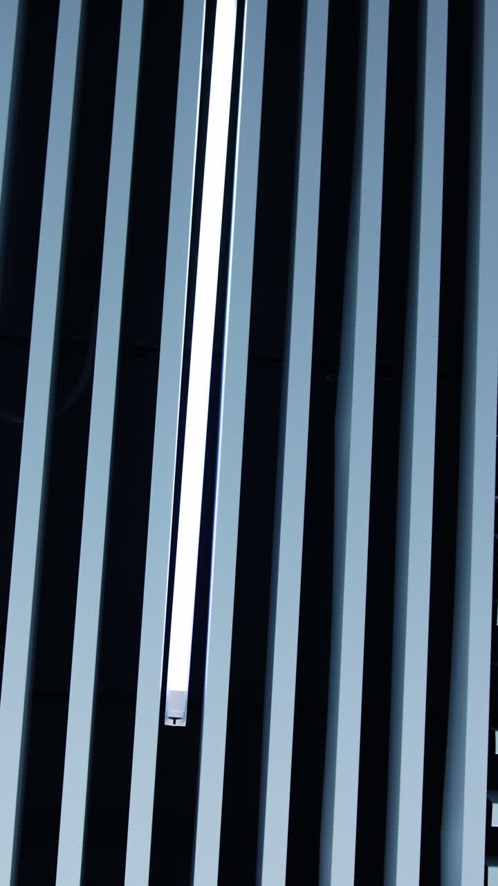 Long white panels decorating the room. Lamps of daylight are a detail of room design. Vertical video
